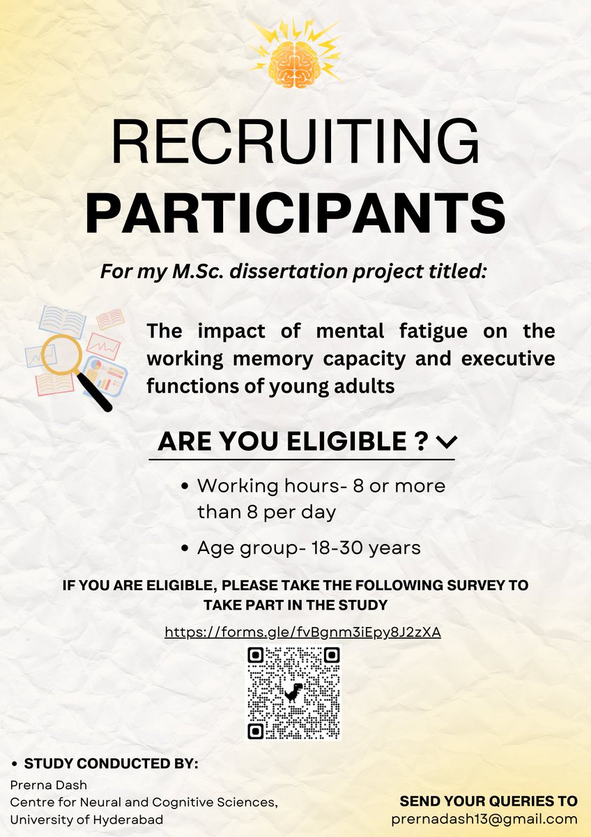 Hi folks!!
I am Prerna & I am recruiting #Indian participants for my M. Sc. dissertation project!

Let's see if you are eligible: forms.gle/fvBgnm3iEpy8J2…

#cognitivescience #workingmemory #executivefunction #workplacestress #cognitivetasks #cognitiveload