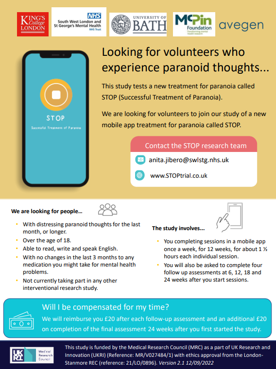 We are still supporting the Successful Treatment of Paranoia (STOP) Trial which is looking to test the effectiveness of a self-administered psychological procedure.