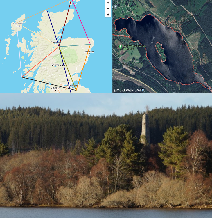 Quickwitnitwit's tweet photo. Did you know all ley lines in Scotland converge at one point on a tiny island in the middle of a Loch.

This island is off-limits to protect "wildlife"

....and also, oddly, has an obelisk.