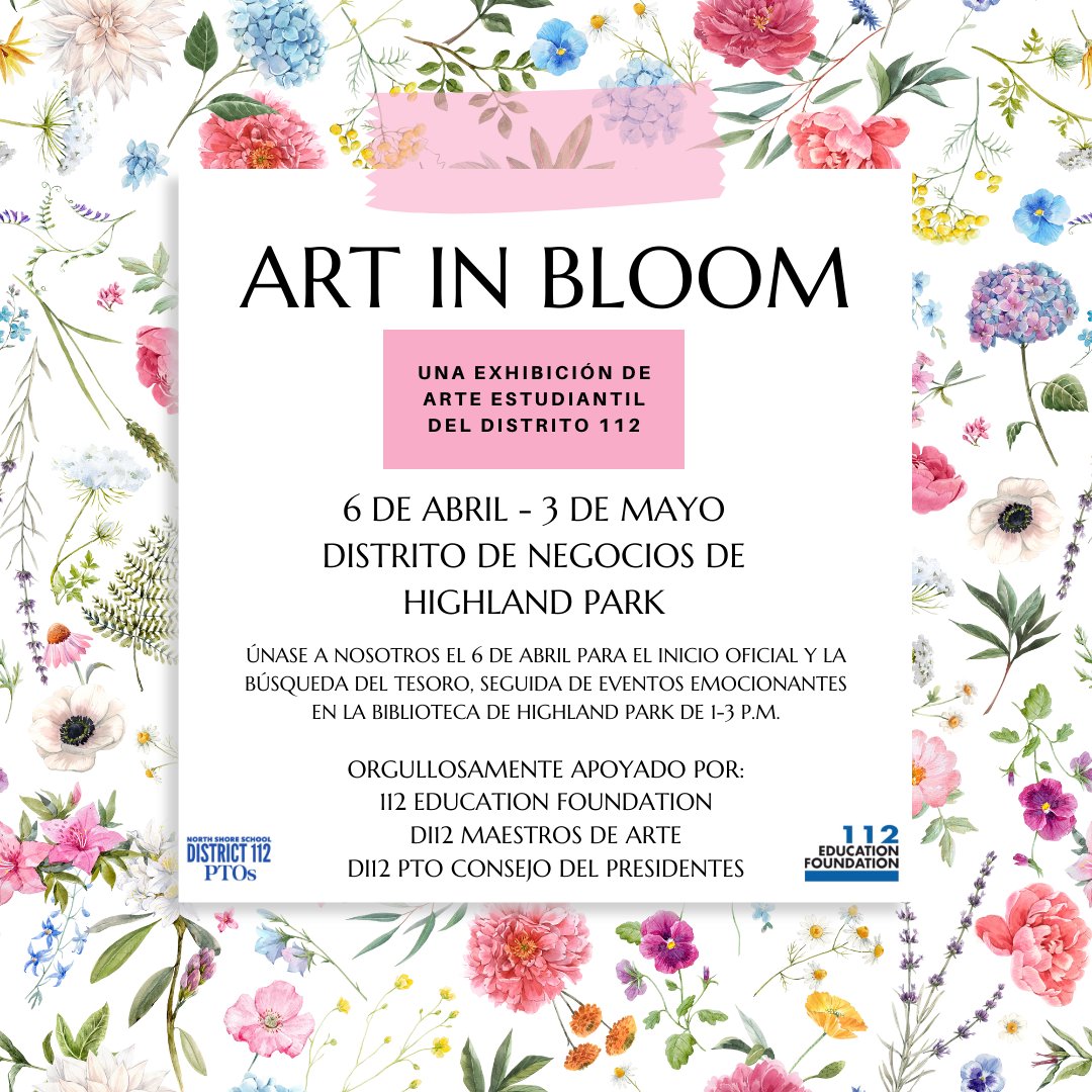 The <a href="/112foundation/">112 Education Foundation</a>  is excited to partner with the <a href="/NSSD112/">North Shore SD 112</a> art teachers, the D112 PTO Presidents' Council, and the <a href="/hplibrary/">HighlandParkLibrary</a> on the first-ever Art in Bloom D112 student art show. Artwork will be on display in the windows of various downtown businesses from 4/6-5/3.