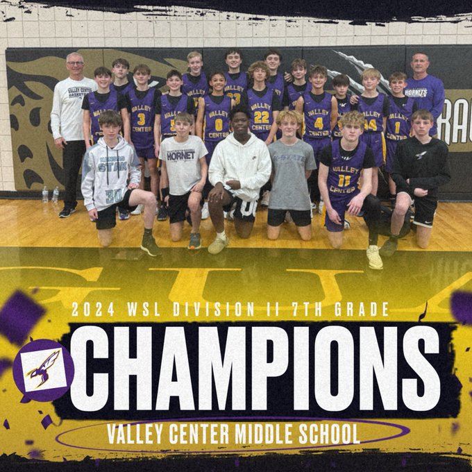 They are the champions! 🥇
The Valley Center Middle School 7th-grade boys' basketball and 8th-grade girls' basketball teams each won their league championships recently.

Way to go, Hornets! We are proud of you!

#HornetFamily | #SOAR | #leaguechampions