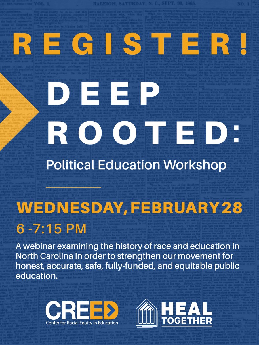 It's not too late to register for the Deep Rooted Political Education Workshop! 

Join us and <a href="/healschools/">HEAL Together</a> tomorrow evening as we examine race and education in North Carolina  

Register today ⤵️
mobilize.us/raceforward/ev…