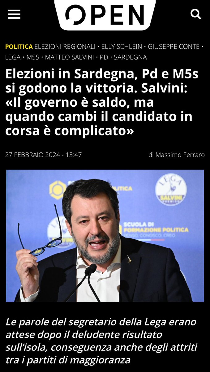 Trad.:”Debacle sarda per la #Lega, #Pd e #M5s si godono la vittoria. #Salvini: «Prime crepe nel governo, colpa di Giorgia #Meloni perché quando imponi il candidato in corsa perdi. Lo so pure io che non sono poi questo genio, o no?»”