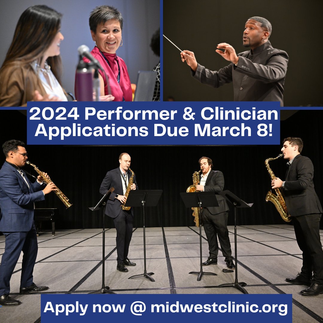 You only have one more week to complete your application for the 2024 Midwest Clinic! Submit by March 8 to be considered (and remind your evaluators to submit their form by March 15). Clinic app: tinyurl.com/MWCClinicApp Performance app: tinyurl.com/MWCPerformerApp