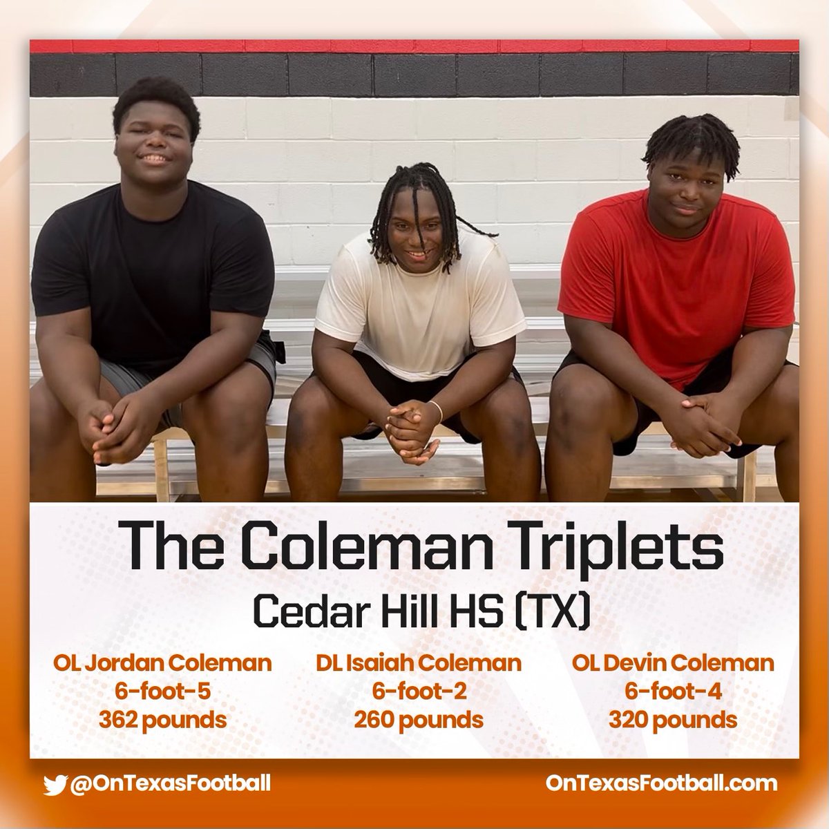 A first for me in 20+ years in the business… Triplets that are legit DI football prospects with offers <a href="/JCole_073/">Jordan Coleman</a>  <a href="/Isaiahcoleman07/">Isaiah Coleman</a> &amp; <a href="/devincoleman07/">devin coleman</a> … fun convo Monday afternoon 

More (free):
ontexasfootball.com/forums/topic/7…