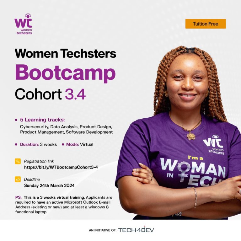 Tech4Dev Women Techsters Bootcamp 2024 (Cohort 3.4)

 A 3-week introductory class for women aged between 16 to 40 years who want to delve into tech.

Available learning tracks:

- Cybersecurity
- Data Analysis
- Product Design
- Product Management
- Software Development.

Apply:…