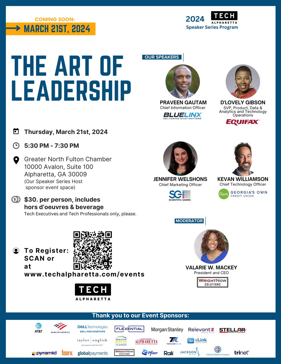 Don’t miss our March Speaker Series! Hear from leaders at @BlueLinx , @ScientificGames , @Equifax and @GeorgiasOwn , moderated by Valarie Mackey, CEO of @WrNowSolutions , as they share their insights on leadership. Registration is now open at: bit.ly/3wjBNxq