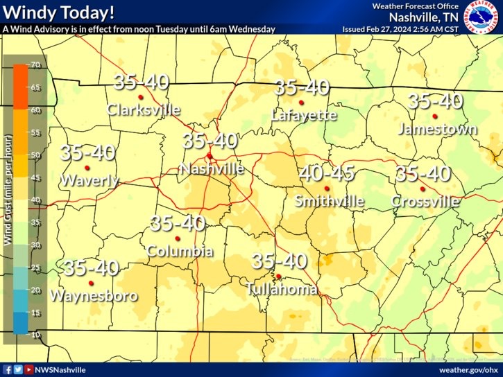 A Wind Advisory is in effect from Noon Tuesday until 6am Wednesday. Gusts between 40-45 mph will be possible. The wind could blow down some tree limbs. Secure your outside furniture, trash cans and other items that could be blown around by the wind. #WeatherReady