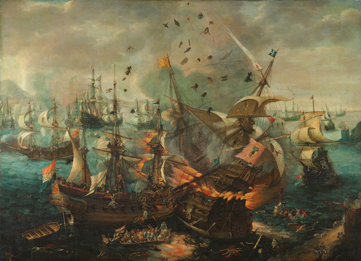 Cornelis Claesz van Wieringen (c1576-1633) - The Explosion of the Spanish Flagship during the Battle of Gibraltar, 25 April 1607 - c1621 - oil paint on canvas - 53 7/8' x 73 5/8' (136.8 x 187 cm) - Rijksmuseum, Amsterdam