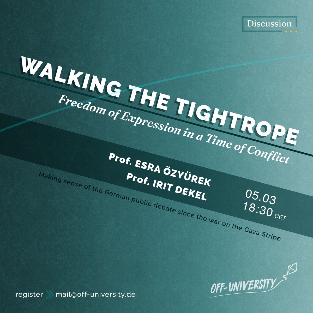 off-university.com/de-DE/News/Det… 

In our pursuit of dialogue, understanding, and renewed connections, we are organizing the discussion Walking the Tightrope: Freedom of Expression at a Time of Conflict, on March 5th at 18:30.