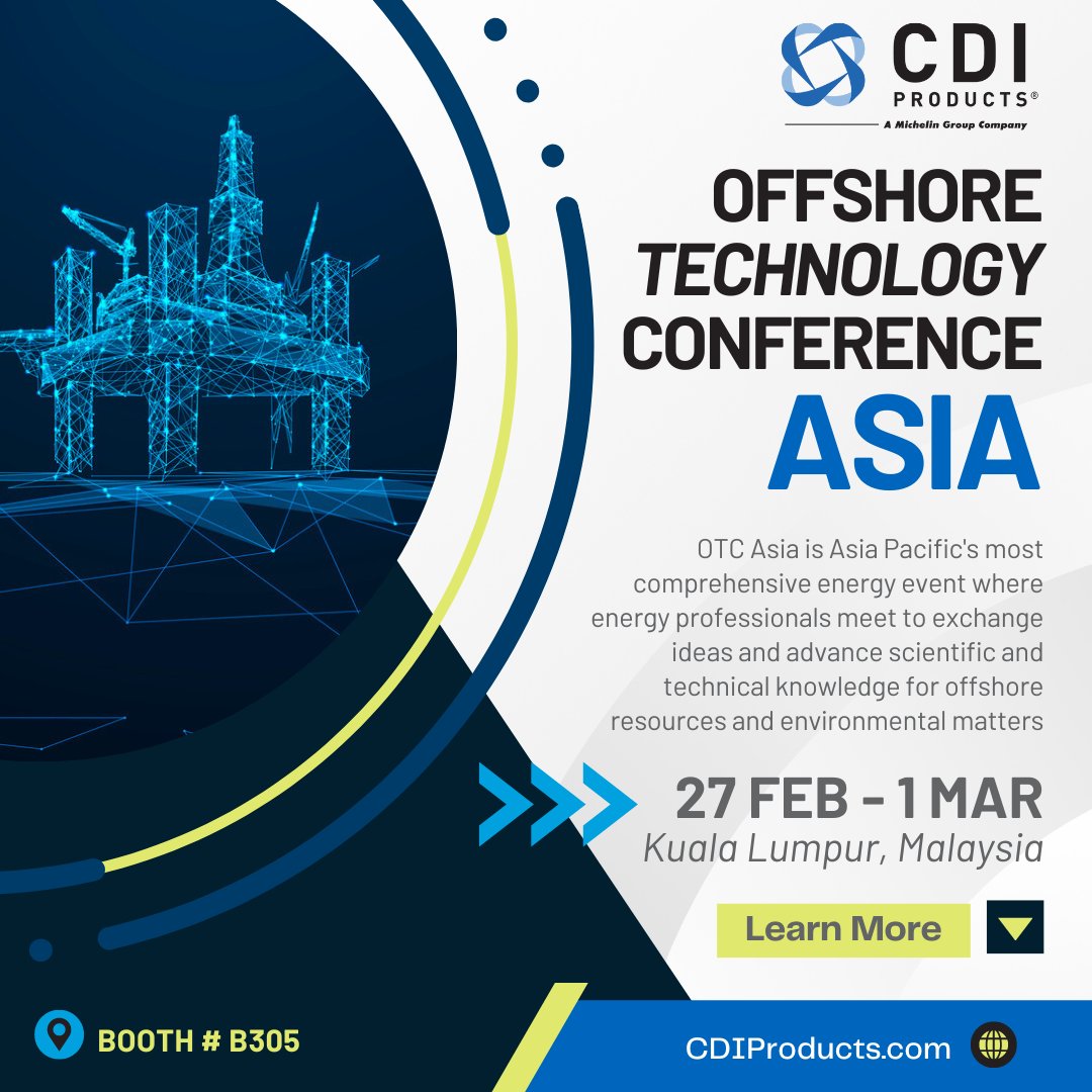 CDIProducts's tweet image. Join us at OTC Asia in booth B305, Hall 3, where our experts will be available to answer questions and discuss how CDI Products can help your business. We look forward to meeting you and discussing how we can support your offshore technology needs.
#OTCAsia #OffshoreTechnology