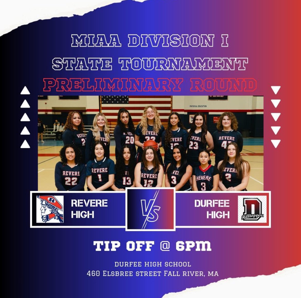 Good luck tonight to our Revere Girls Basketball team and coaches at Durfee High School 6pm!!! #REVEREPRIDE #MIAA #D1TOURNAMENT @LeagueBoston