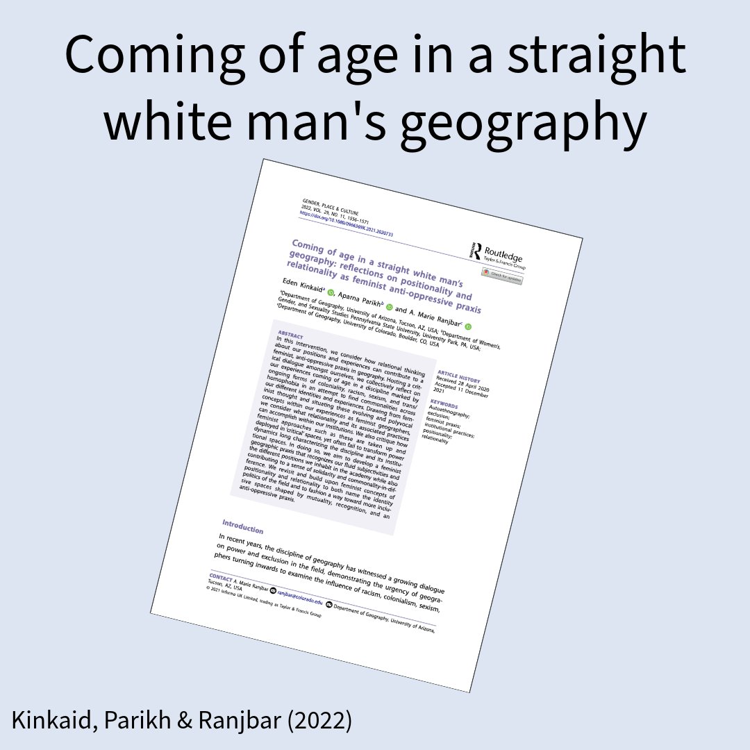 In 'Coming of age in a straight white man's geography,' Kinkaid (@queergeog), Parikh (@pappupoppins) & Ranjbar reflect on their experiences of racism, coloniality, whiteness & transphobia in the spaces of U.S. geography.  Read it in @GPCjournal  bit.ly/3OVZ3YI /DM 4 pdf.