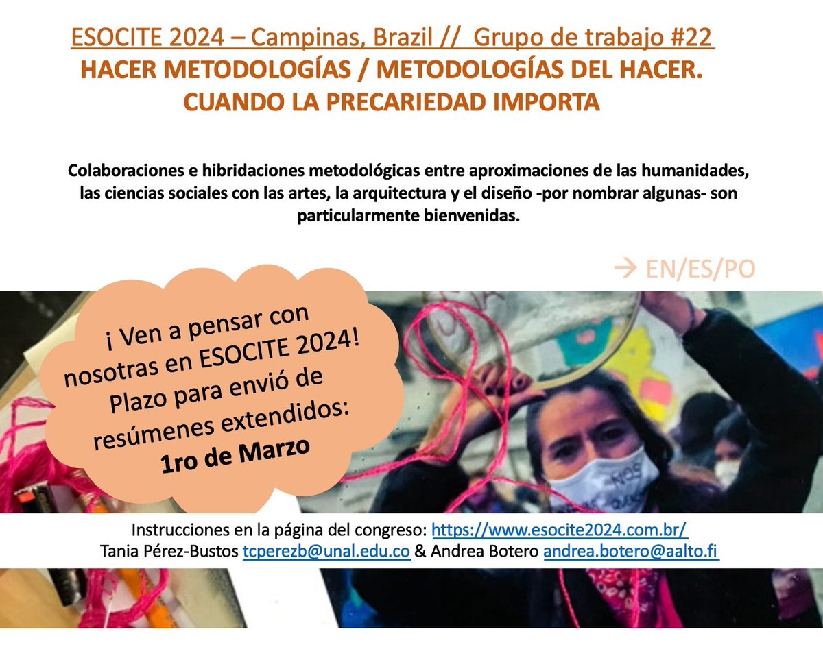 Andrea Botero (/andreabotero.bsky.social) (@andreuchisbo) on Twitter photo Plazo para contribuciones a este grupo de trabajo en #esocite2024 es pronto!😝esocite2024.com.br
Con <a href="/tpbustos/">Tania Pérez-Bustos</a> Plazo para contribuciones a este grupo de trabajo en #esocite2024 es pronto!😝esocite2024.com.br
Con <a href="/tpbustos/">Tania Pérez-Bustos</a>