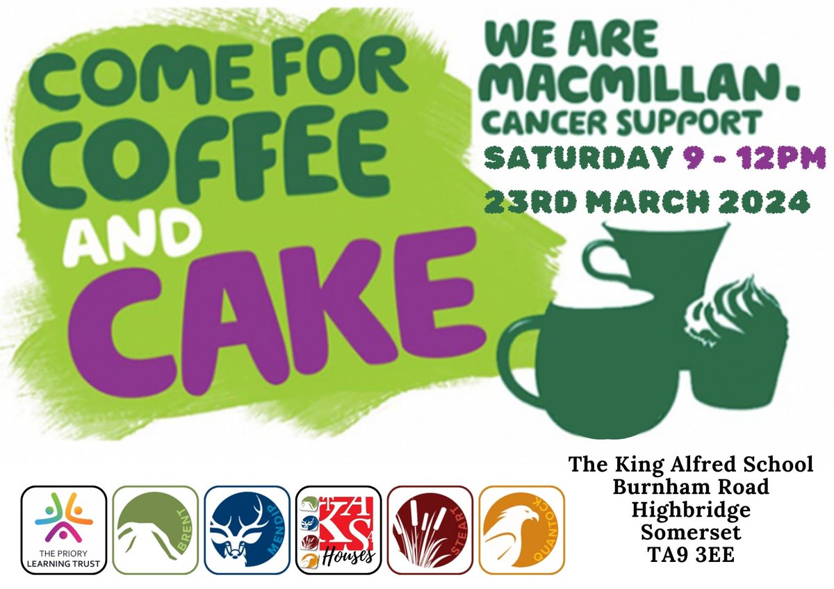 TKASAHouses's tweet photo. @macmillancancer Coffee Morning 
Saturday 23rd March 2024
@_TKASA 

Students &amp; Staff are encouraged to contribute House 💚💙💛❤️ or School Themed Bakes, however we will accept donations of brought cakes too.

@MrsOColes19 
@Josh_Moore_1997 
@TKASAMrsProbert 
@Nigels73 https://t.co/Ds3vU7qfeW