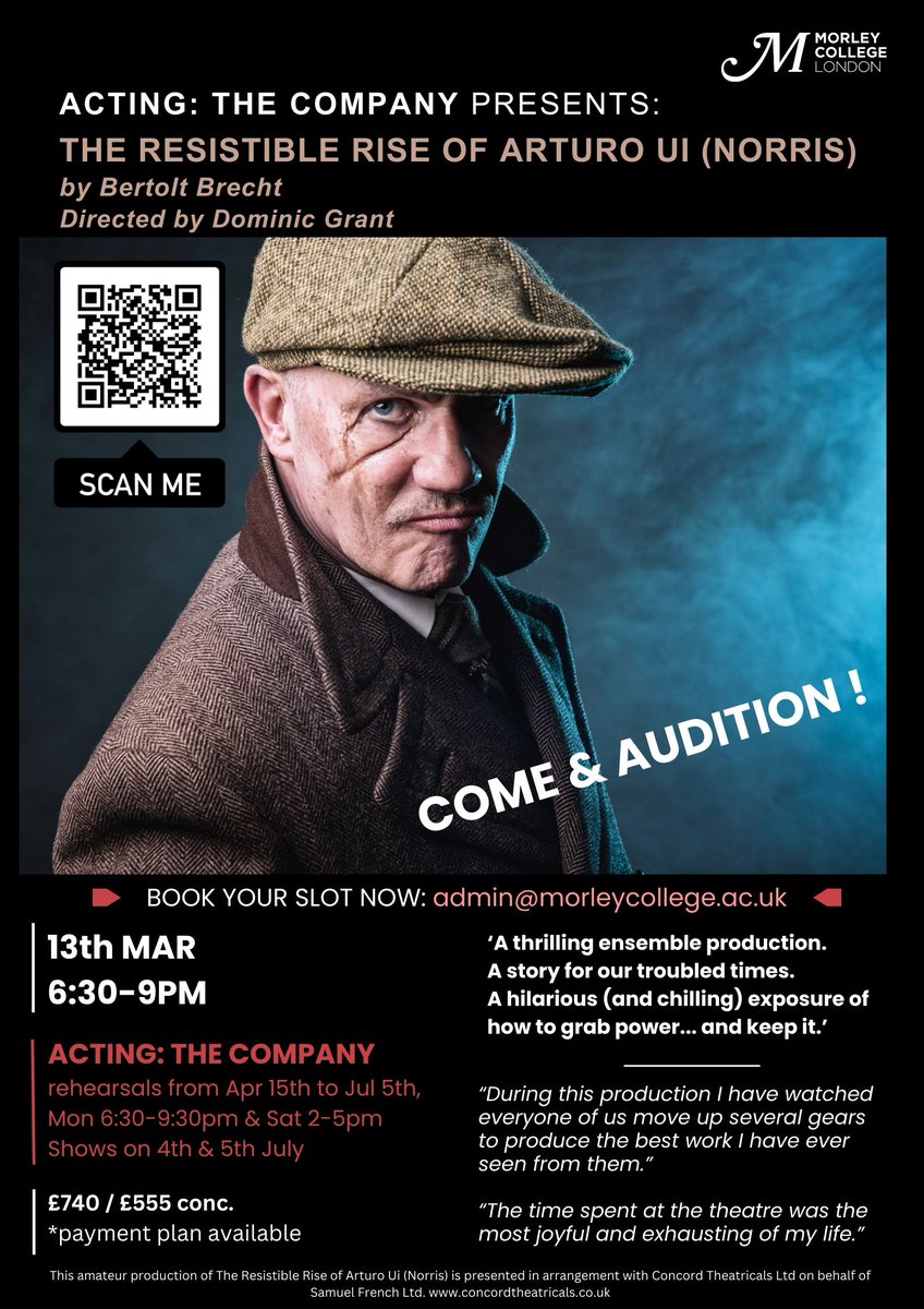 "Key challenge is understanding everyone’s comfort and potential and being respectful of that. Key reward is learning from each other and also drawing from each other's energy." - student on Acting: The Company '23. Ready to audition? Get in touch (details below) <a href="/morleycollege/">Morley College London</a>