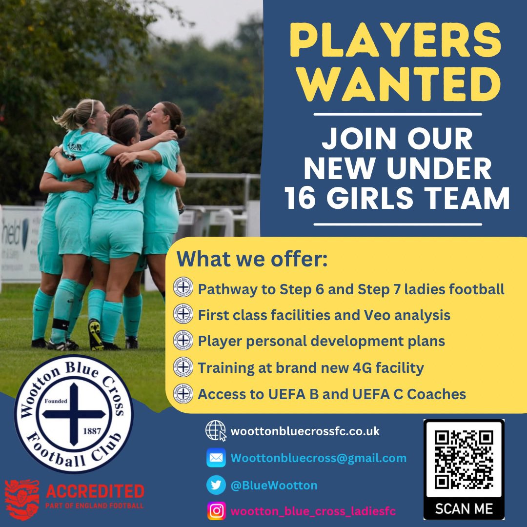 BlueWootton's tweet image. ⚽️ PLAYERS WANTED ⚽️

We are looking for players to join our new Under 16 girls team. This is an excellent opportunity to join a club with first class coaching and facilities, with a pathway into women’s football. 

Register your interest below 👇 

forms.gle/nR2bZPSTzrkzjK…

🔵✖️