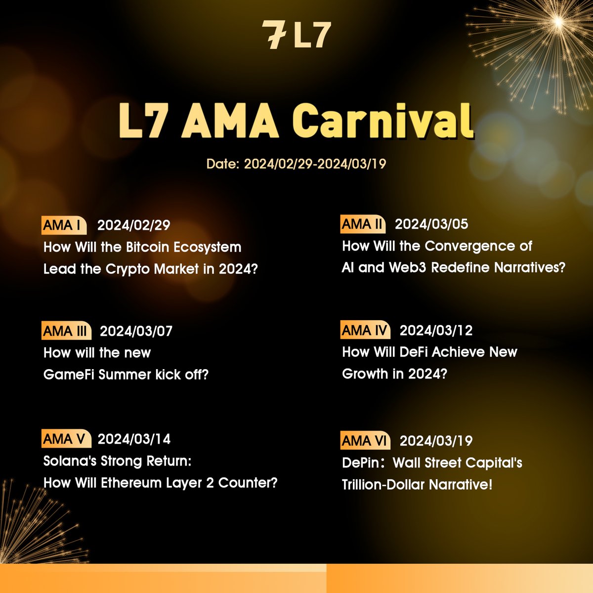 L7_Global's tweet photo. 🎆L7 AMA Carnival#
The bull market has arrived, and you can't miss these hot Web3 sectors below!
L7 will invite guests from all over the industry to have an in-depth discussion around the 6 major boards of Bitcoin, AI, GameFi, DeFi, Solana, and DePin for the event!
#L7 #JoinUs #Bitcoin #AI #GameFi #Defi #DePin #AMA