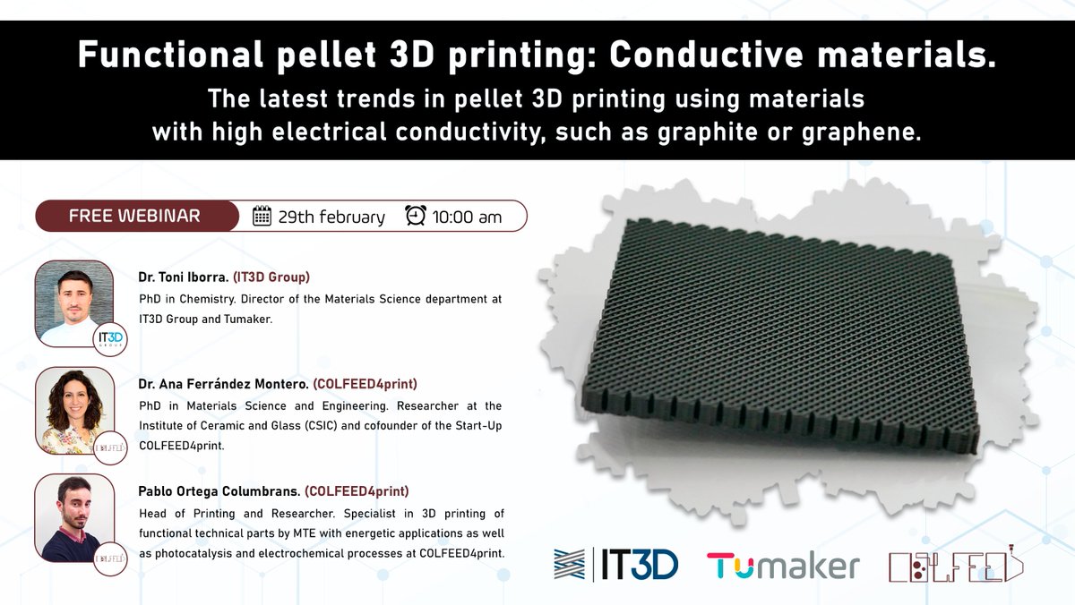 🔴 Aún estás a tiempo de incribirte de manera gratuita en el #webinar sobre la impresión 3D con #pellets de materiales con una alta #conductividad eléctrica.

📆 29 de febrero
⏰ 10:00 am (CET)

Inscríbete de manera gratuita en: formacion.it3d.com/webinar/Functi… 

#webinar