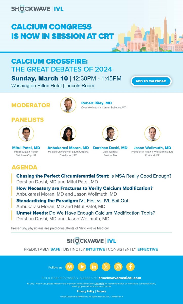 Shockwave Medical (@shockwaveivl) on Twitter photo Calcium Congress is now in session! Join us at our <a href="/CRT_meeting/">CRT Meeting</a> symposium on March 10 as Drs <a href="/perc_surgeon/">Robert Riley</a> <a href="/MitulPPatel1/">Mitul P. Patel</a> <a href="/ArasiMaran/">Arasi Maran</a> <a href="/DrDarshanDoshi/">Darshan Doshi, MD, MS</a> & @jason_wollmuth debate the hottest topics in #ComplexPCI.
US Rx only. ISI bit.ly/3iEq7fC #ShockwaveIVL #CardioTwitter Calcium Congress is now in session! Join us at our <a href="/CRT_meeting/">CRT Meeting</a> symposium on March 10 as Drs <a href="/perc_surgeon/">Robert Riley</a> <a href="/MitulPPatel1/">Mitul P. Patel</a> <a href="/ArasiMaran/">Arasi Maran</a> <a href="/DrDarshanDoshi/">Darshan Doshi, MD, MS</a> & @jason_wollmuth debate the hottest topics in #ComplexPCI.
US Rx only. ISI bit.ly/3iEq7fC #ShockwaveIVL #CardioTwitter