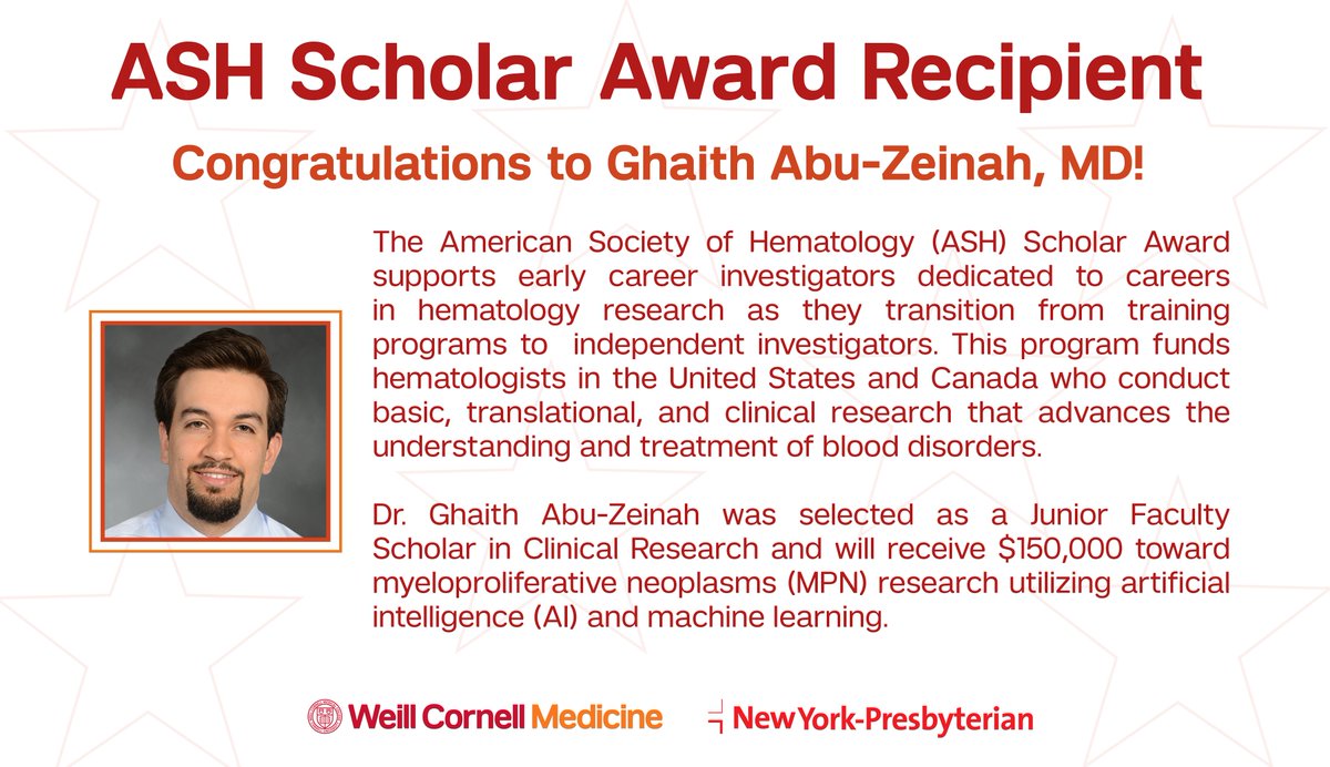 Congratulations to Dr. @GhaithAbuZeinah for receiving one of the prestigious 2024 @ASH_hematology Scholar Awards given each year to fellows and junior faculty dedicated to #hematology #research! bit.ly/3OT2jEi