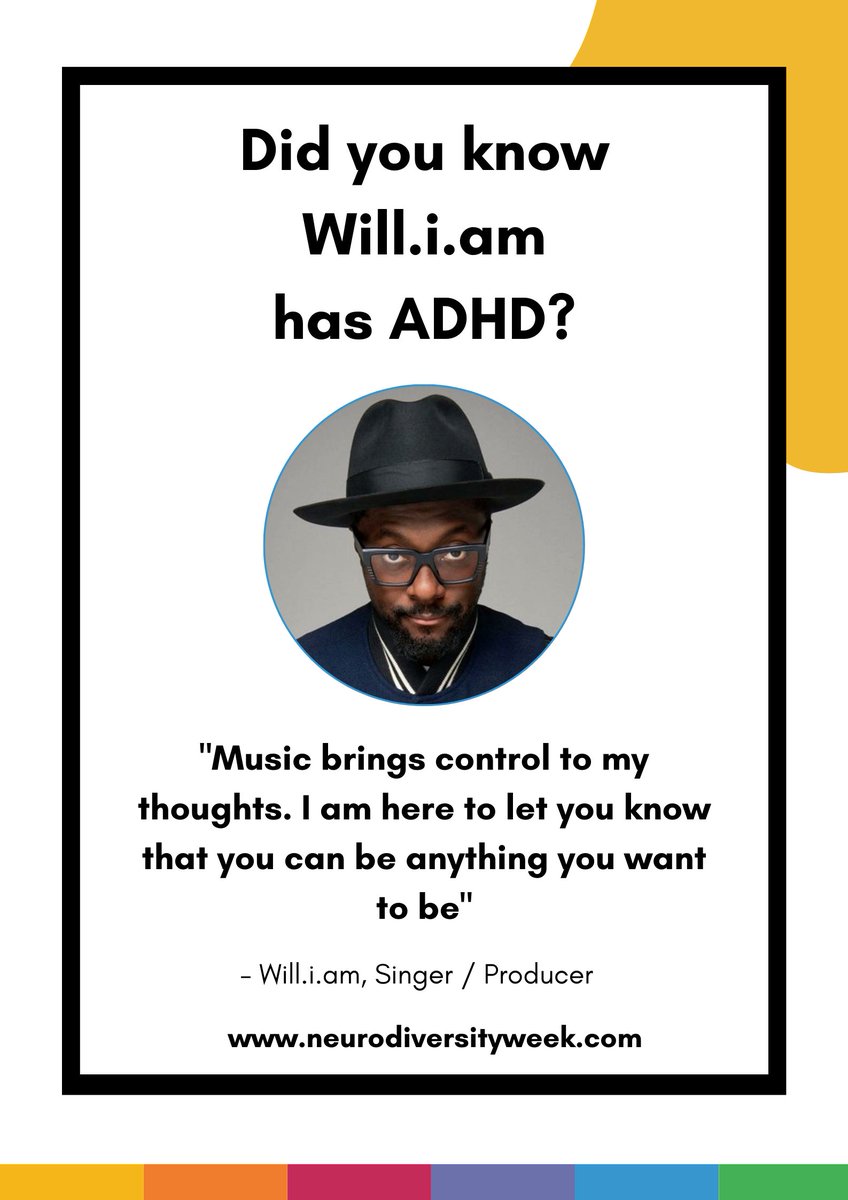 💡¿Sabías qué el productor y cantante Will.i.am tiene #TDAH? 💛

#Neurodiversidad #Neurodivergencias #NeurodiversityCelebrationWeek @NCWeek