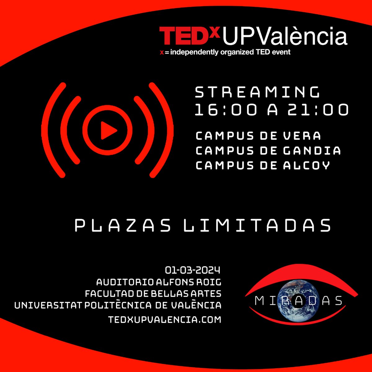 📽️ El #TEDxUPValència también será retransmitido vía streaming en el campus de la <a href="/UPV/">Universitat Politècnica de València</a> en Valencia, <a href="/UPVCampusGandia/">Campus de Gandia | UPV</a> y <a href="/UPVCampusAlcoy/">UPV Campus d'Alcoi</a>. Con merchandising del evento y un catering a media tarde.

¡Apúntate gratis en nuestra web!
👉 tedxupvalencia.com/streaming/

#TEDx #Valencia #MIRADAS