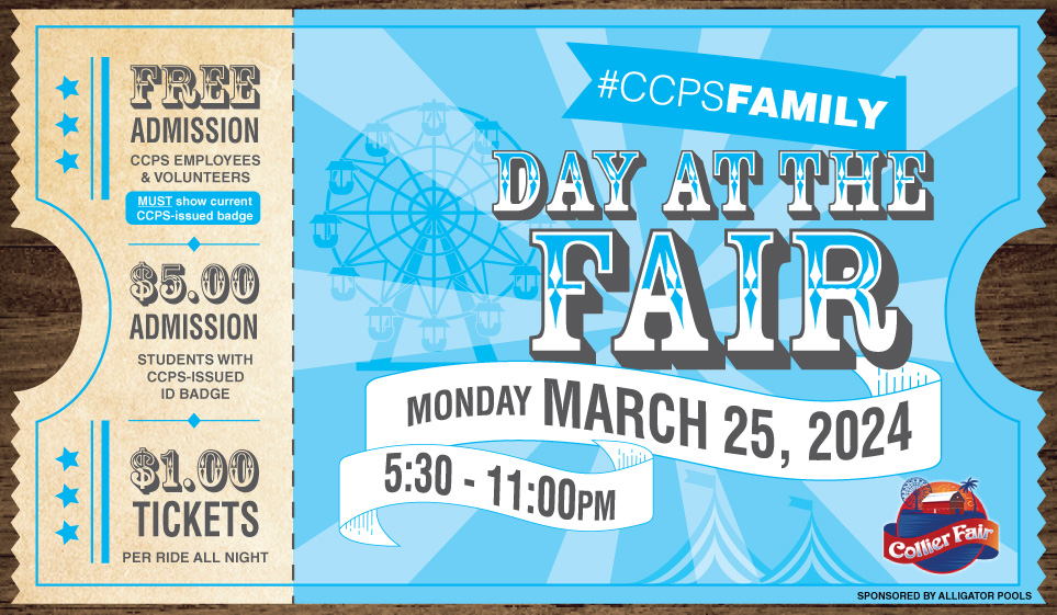 REMINDER: Tonight is our #CCPSFamily Day at the Fair! CCPS employees with a badge enjoy FREE admission; students with a CCPS-issued ID badge pay $5; & volunteers interested in attending may receive a letter from their school's principal. Rides are $1 per ride all night long. Have…