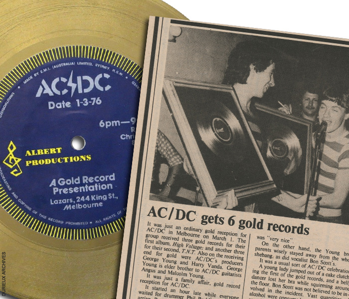 OTD 1 Mar. 1976 : Albert Productions throws in a party for AC/DC at Lazars in Melbourne, where the band receives 6 gold record awards; 3 for each of their first two albums, representing total sales of 90,000 units in Australia.