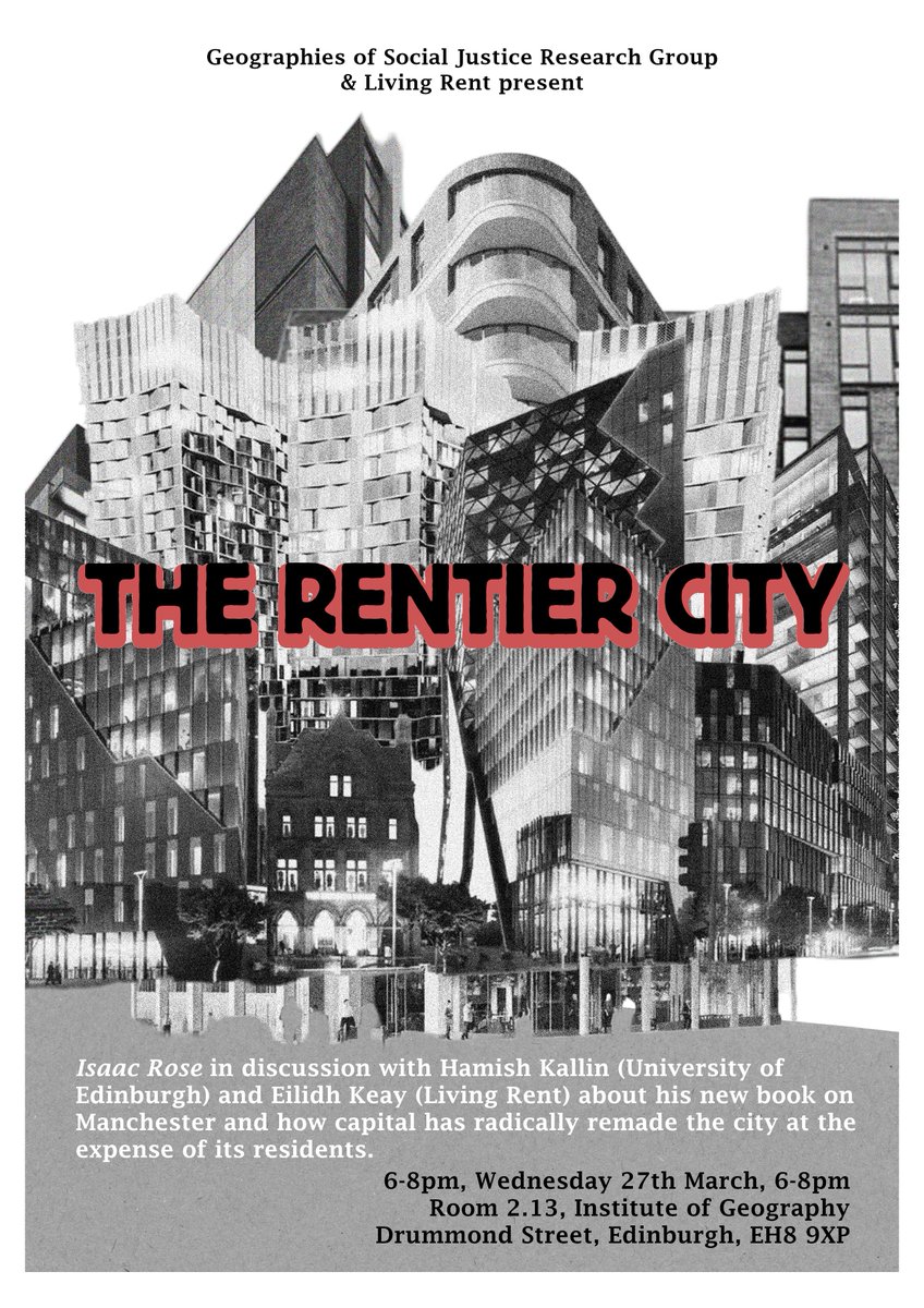 I'll be in conversation with @_isaacrose and Eilidh Keay from @Living_Rent to discuss his wonderful new book on Manchester - 'The Rentier City' - 6pm, 27th March.