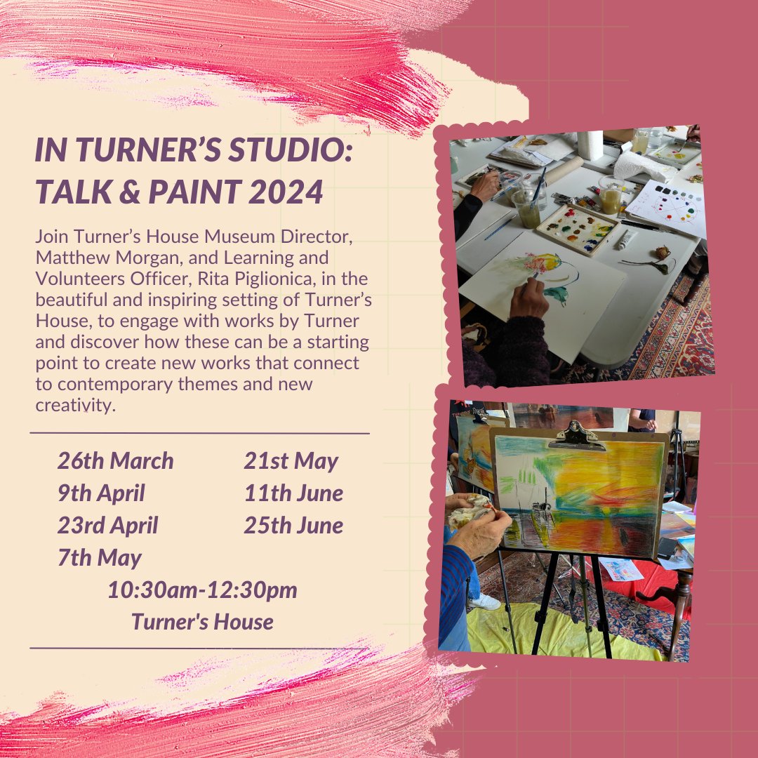 Are you looking for small commitment creative sessions? Join our Talk & Paint! Listen to a short lecture about some of JMW Turner's most famous artworks and experiment with different art materials to work on your creative response. All levels are welcome! linktr.ee/TurnersHouse