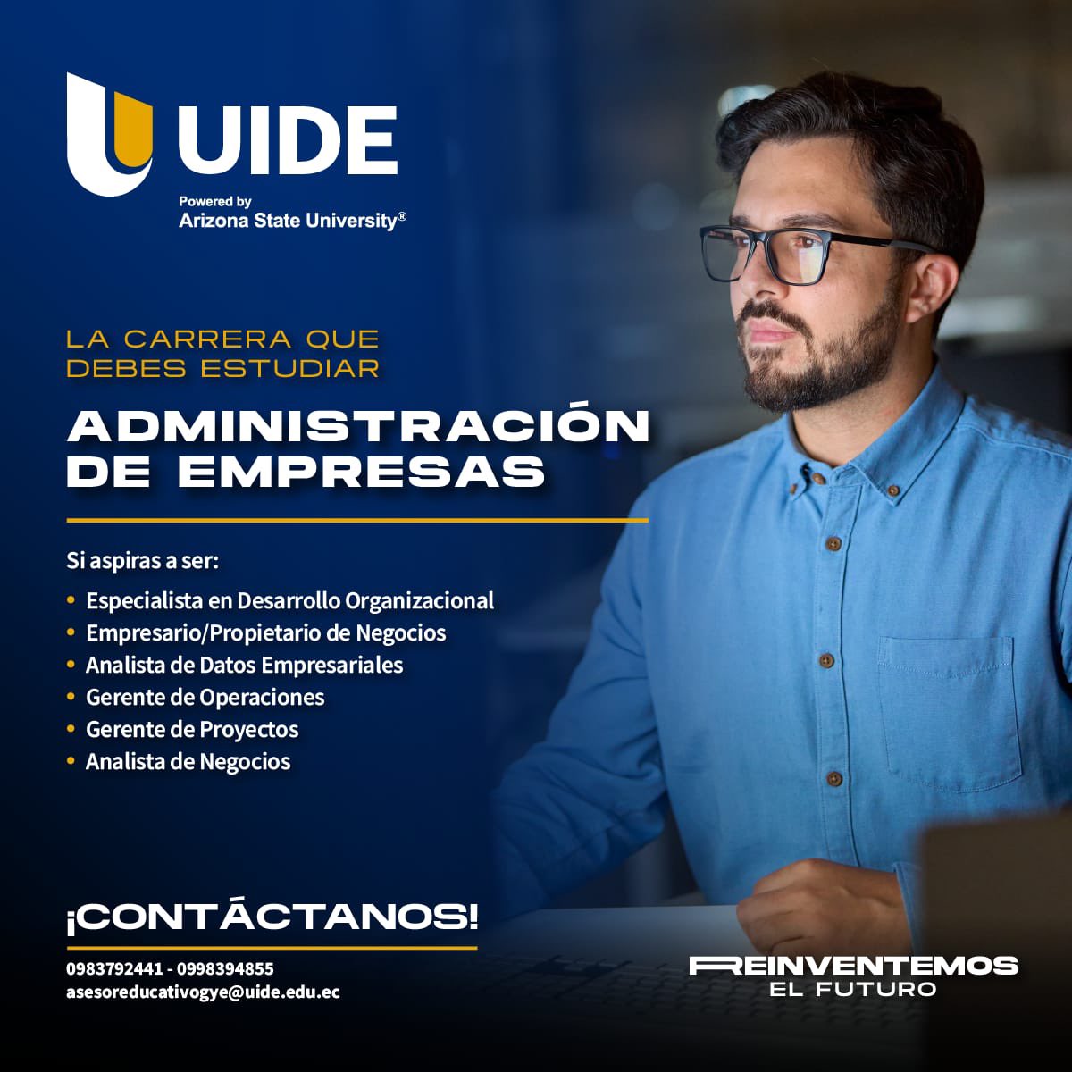 ¿Quieres ser el líder de tu propio camino? 👨‍💼🚀 Conquista el mundo de los negocios. 😉 Aprende a tomar decisiones estratégicas, gestionar equipos y alcanzar el éxito empresarial.💼 #UIDEGYE #EDUCACIONGLOBAL #AdministraciónDeEmpresas #Éxitolaboral