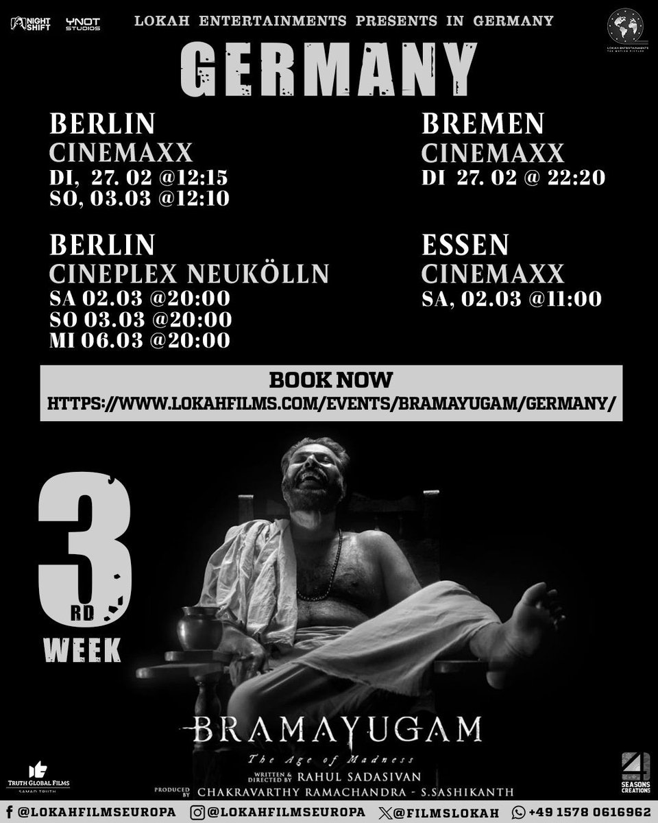 #Bramayugam Mad Run Continues in Germany 🇩🇪 #3rd Week Theater List #Mammootty #RahulSadasivan #nightshiftstudios #YNotStudios #SamadTruth #TruthGlobalFilms @FilmsLokah @4SeasonCreation @mammukka @chakdyn @SamadTruth @allnightshifts @StudiosYNot @Truthglobalofcl @rahul_madking