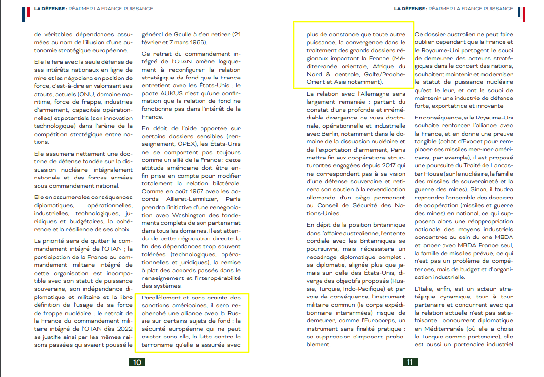 Quand Gabriel Attal accuse Marine Le Pen d'avoir prôné une allliance avec la Russie, tous les députés RN font des grands gestes pour dire non. Programme "Défense" de Marine Le Pen, page 10 #DirectAN