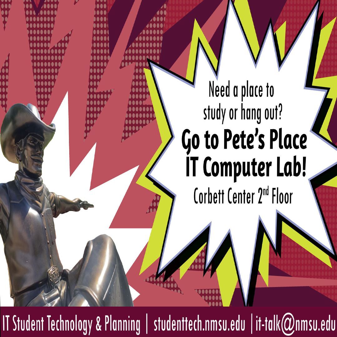 NMSU_UTSS's tweet image. Make sure to visit Pete&apos;s Place IT Computer Lab this semester!
...
#nmsu #studenttech #computerlab