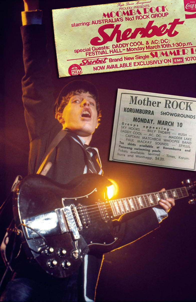 OTD 10 Mar. 1975 : AC/DC plays the “Mother Rock” festival at the Showgrounds in Korumburra, and later in the day the “Moomba Rock 75” concert at the Festival Hall in Melbourne, Australia.