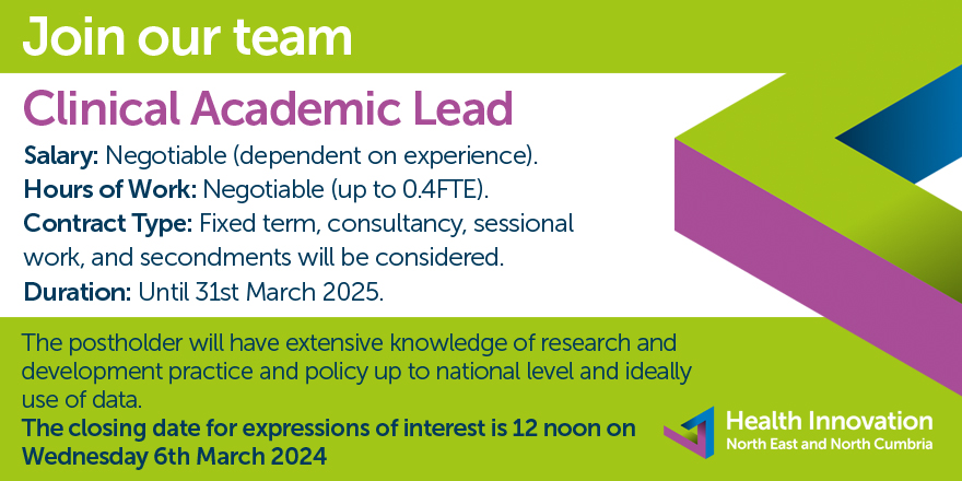 📣 We're hiring! We are looking for a Clinical Academic Lead to become part of the North East &amp; North Cumbria ‘Sub-National Secure Data Environment’ Programme. Submit an expression of interest before 12 noon on Wednesday 6th March 2024. Find out more ⬇️
healthinnovationnenc.org.uk/who-we-are/joi…