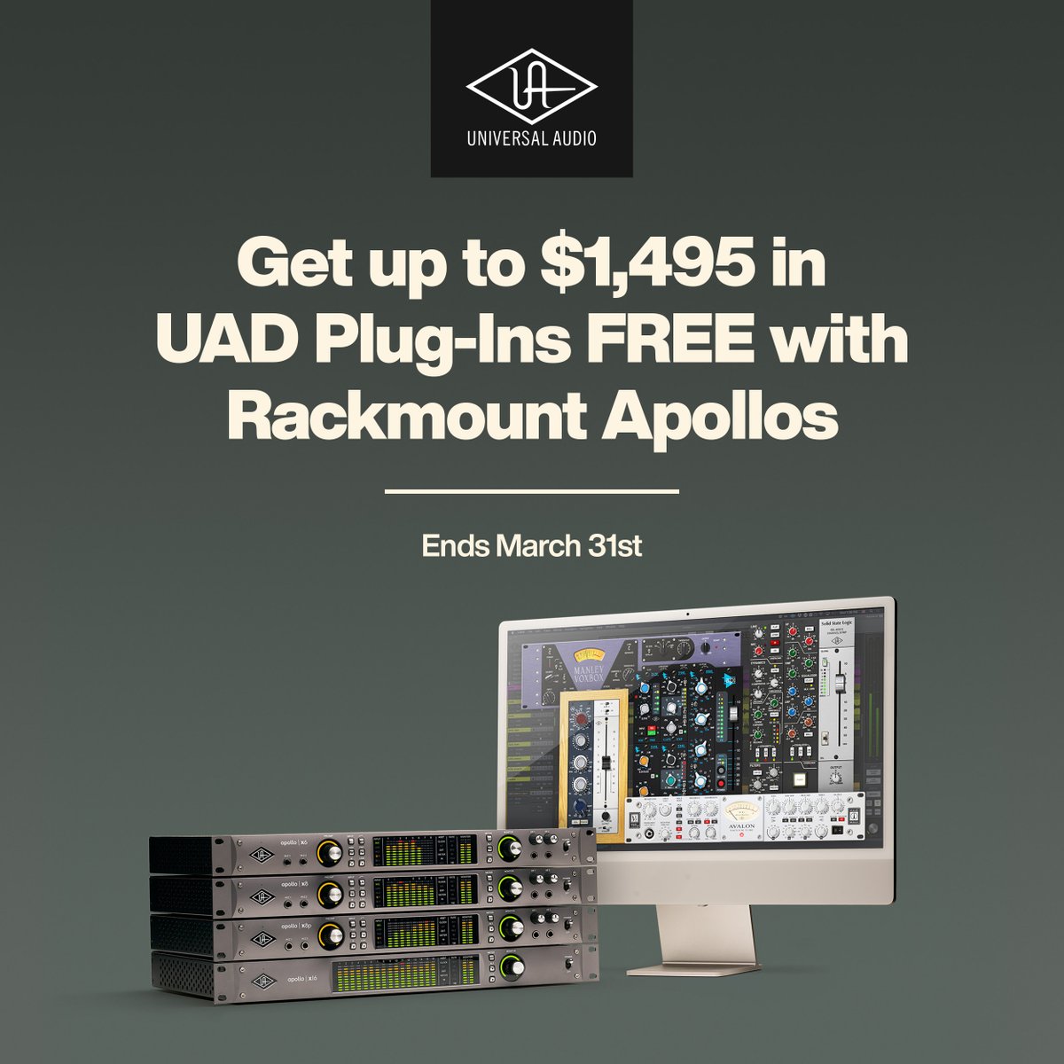 Buy any new Universal Audio Apollo rackmount or 4x audio interface and receive a UAD plug-in bundle valued at up to $1495 for FREE! 😍

This includes premium plug-ins from Neve, API, Manley, Avalon, and more! 🔥

Hit the link and explore. 👉 bit.ly/3uH8uEy