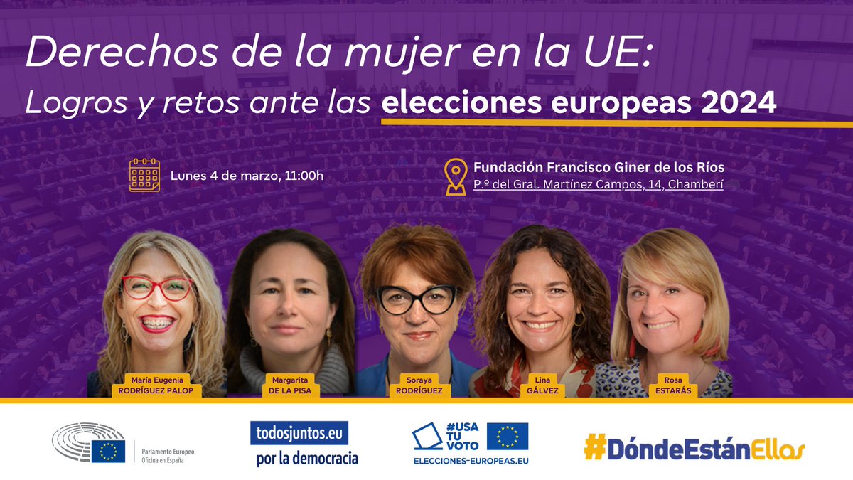 Europarl_ES's tweet photo. Seminario "Derechos de la mujer en la UE: Logros y retos ante las elecciones europeas 2024".

🗓️4 de marzo
📍 Fundación Francisco Giner de los Ríos
🕚 11:00
🔗 ¿Te apuntas? https://t.co/Cj7gqNDyoZ https://t.co/zMpu6cQVlV
