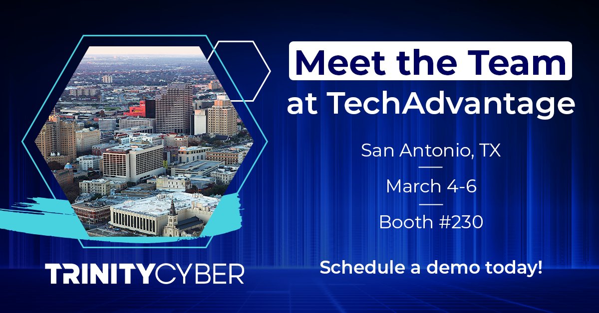 TrinityCyber's tweet image. Trinity Cyber is geared up for #TechAdvantage24 in San Antonio! Join us at booth #230 to explore our cutting-edge cybersecurity solutions tailored specifically for electrical cooperatives and critical infrastructure. Schedule a demo: hubs.la/Q02lC07T0 @NRECANews