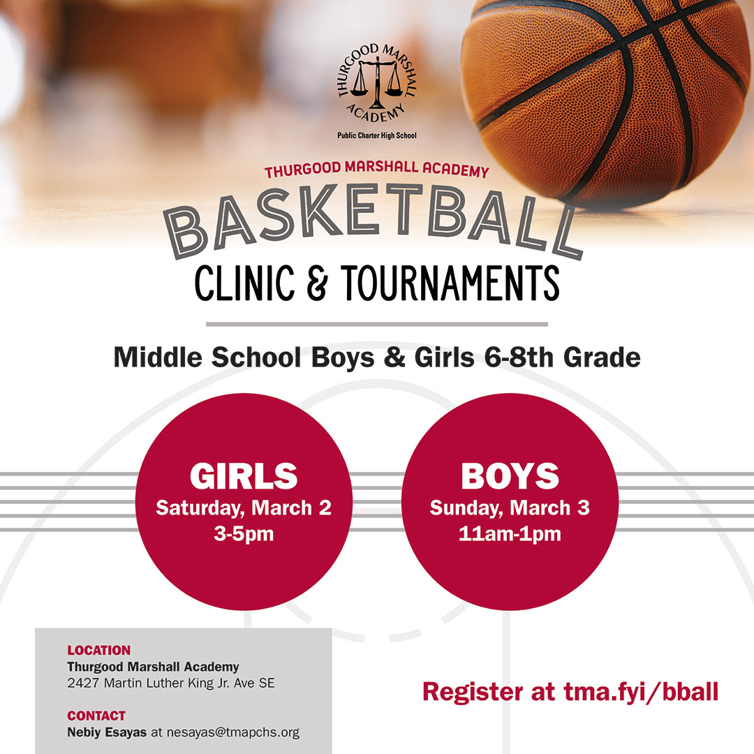CALLING ALL MIDDLE SCHOOLERS! Come out and attend a FREE basketball clinic/tournament at Thurgood Marshall Academy on 03/02 and 03/03. Use the QR code on the flyer to register for the event, or, use this link: tma.fyi/bball #TMAWarriors #DCCharterProud