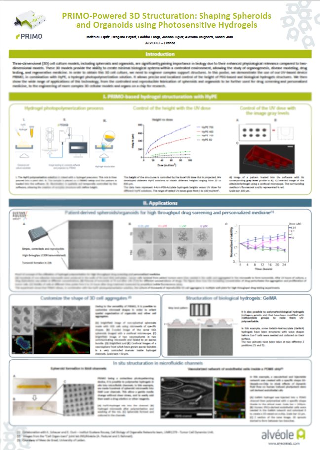 #WORD2024 is ongoing in Cambridge, UK from February 27th to 28th

Make sure to visit our POSTER #60 'PRIMO-Powered 3D Structuration: Shaping Spheroids and Organoids using Photosensitive Hydrogels'

Schedule a meeting at: alveolelab.com/events/word-20…