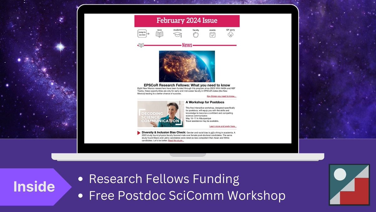 NMEPSCoR's tweet image. Inside: NASA &amp;amp; NSF funding for NM faculty, a free science communication workshop for postdocs, and three amazing black women. Check it out: mailchi.mp/12f61aefe3d5/j…
#NSFfunded #NSFstories #epscor #nmespcor #epscoridea