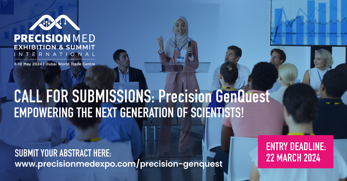 Launching during <a href="/PrecisionExpo/">PrecisionMed Exhibition & Summit Dubai 2024</a> 2024, the Precision GenQuest competition invites PhD students and young scientists to present their research at MENA’s only dedicated event for personalised healthcare.

Submit your abstract today! lnkd.in/dnAMuTYh

#PrecisionMedicine