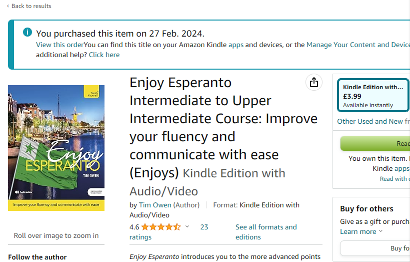 Esperanto_UK's tweet photo. Teach Yourself's "Enjoy Esperanto" is currently on sale as an ebook for £3.99 from Amazon, Kobo and Google Play.

Have a look at Enjoy #Esperanto: https://t.co/WwdKIJLgmY
£3.99 at UK Amazon: https://t.co/8avTH6LwKn
£3.99 at Kobo: https://t.co/w2bDSbhwcZ
£3.99 at Google Play: https://t.co/UfnuUlGjo0