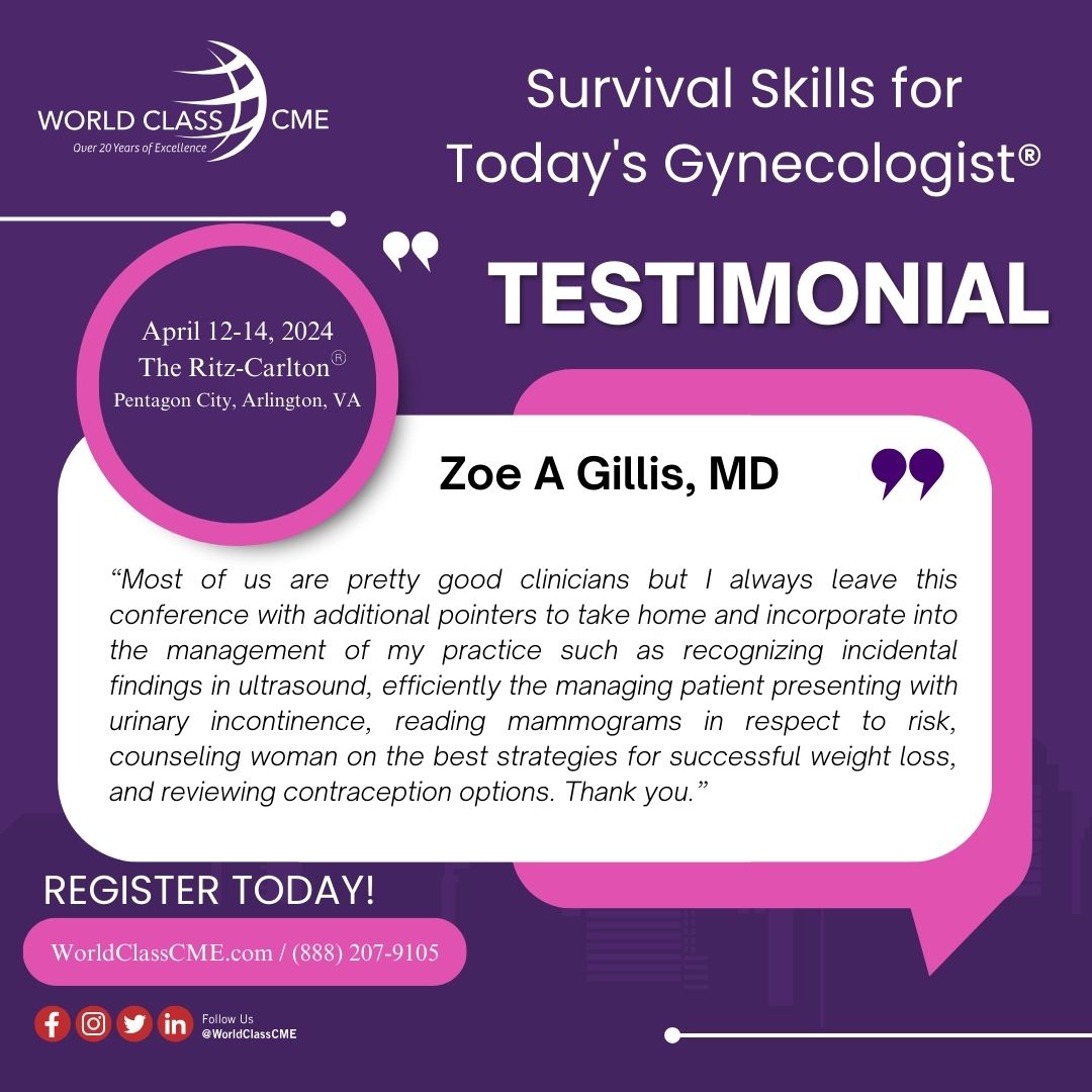 We're counting down the days until Survival Skills for Today's Gynecologist conference! There is still time to register. Please visit WorldClassCME.com for more information. #CME #SurvivalSkills2024 #Gynecologist #WorldClassCME