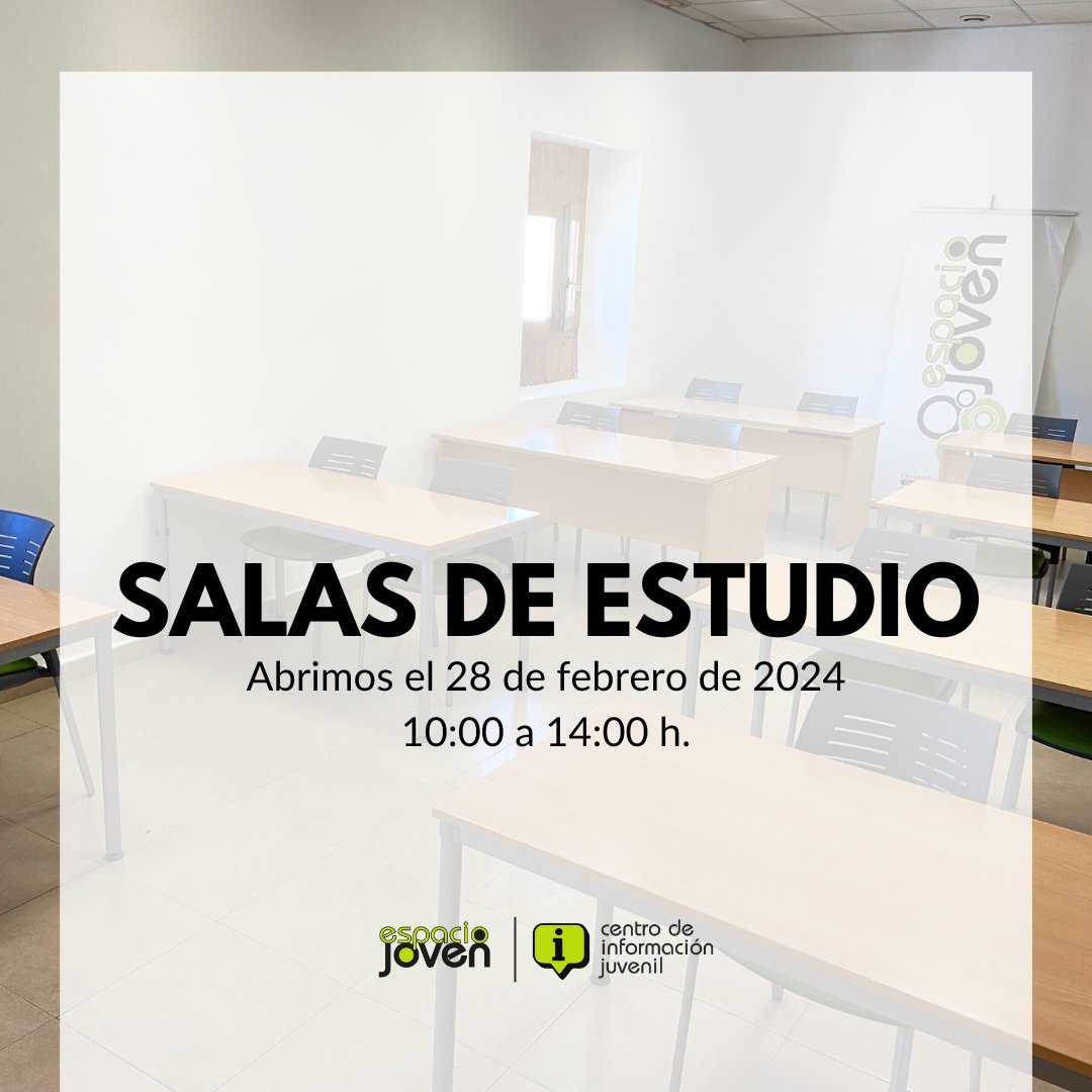 👉 Las Salas de Estudio del #CIJBaeza permanecerán abiertas el próximo miércoles, 28 de febrero en horario de mañana, 10:00 a 14:00 h. 

#Baeza #Juventud #jóvenes #actividades #EspacioJoven #CIJBaeza #Jaén #Andalucía