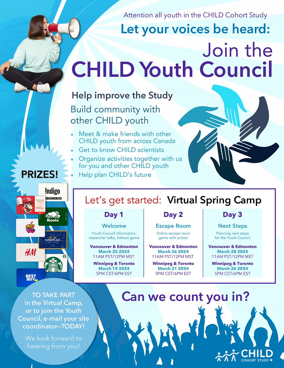 All youth participating in CHILD are invited to a Virtual Spring Camp (with an Escape Room & Prizes!) in March 2024 & are encouraged to join the CHILD Youth Council. Info: childstudy.ca/wp-content/upl…