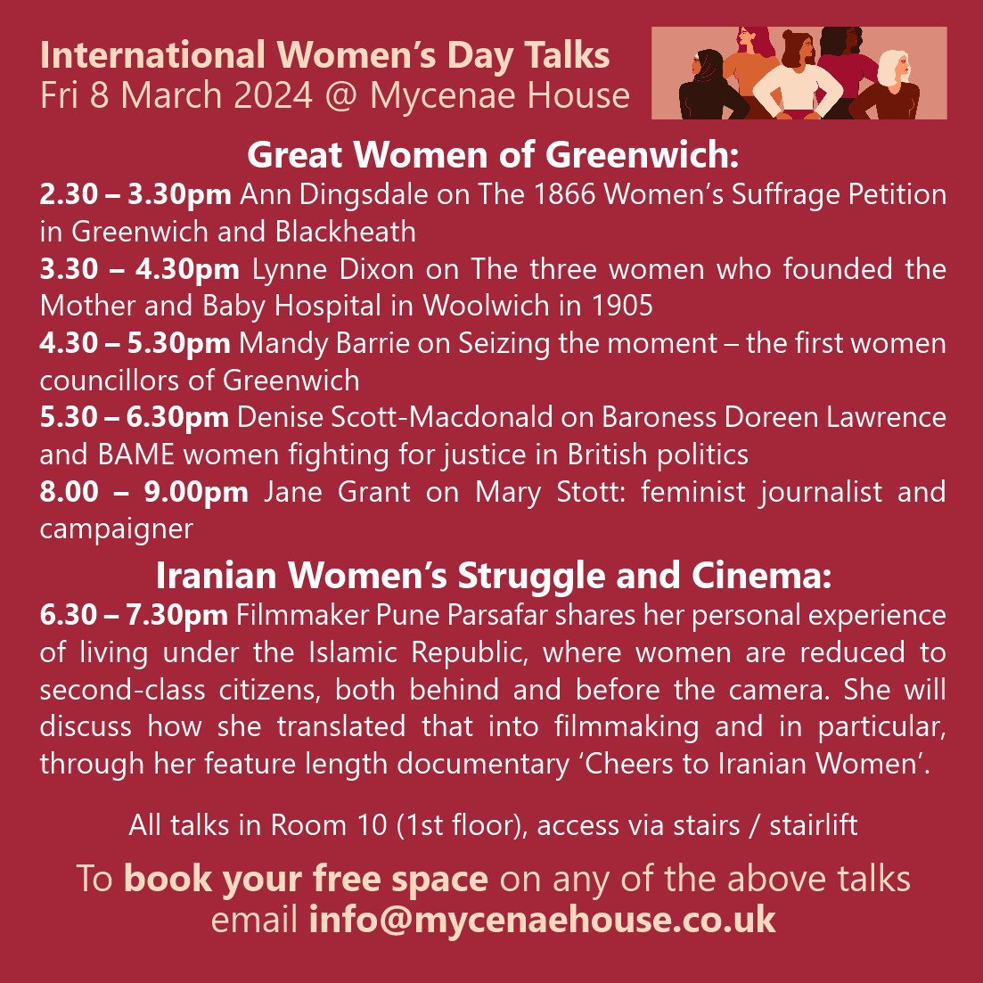 Inspirational #talks coming up here on Fri 8 March 2024 as part of Vintage Voices' #InternationalWomensDay event: Great Women of #Greenwich & Iranian Women’s Struggle + Cinema To book your #free space on any of the talks email info@mycenaehouse.co.uk mycenaehouse.co.uk/events/interna…