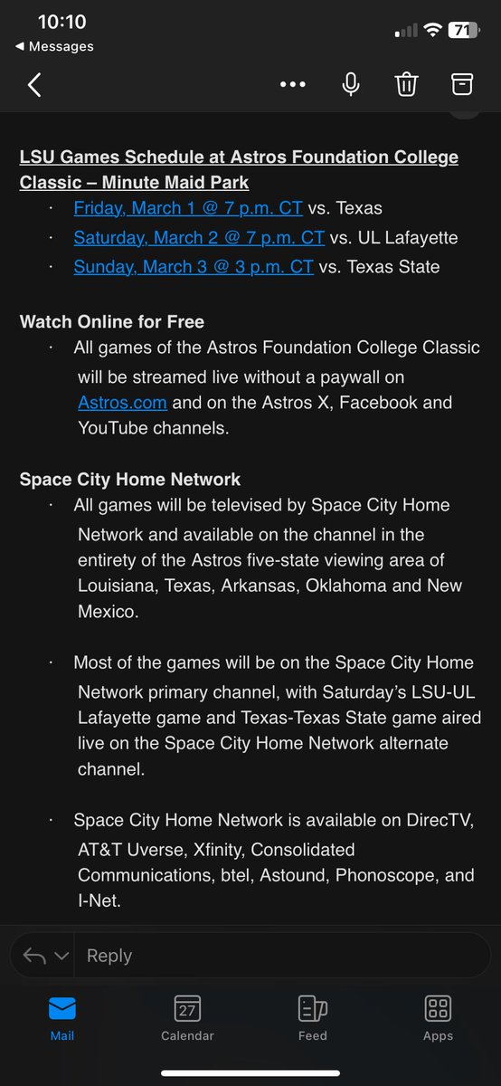 #LSU baseball’s matchups on Friday, Saturday and Sunday at the Astros Foundation College Classic will be available to stream online on Astros.com. Games will also be televised on Space City Home Network. #LSU vs UL will be on Space City’s alternate channel.